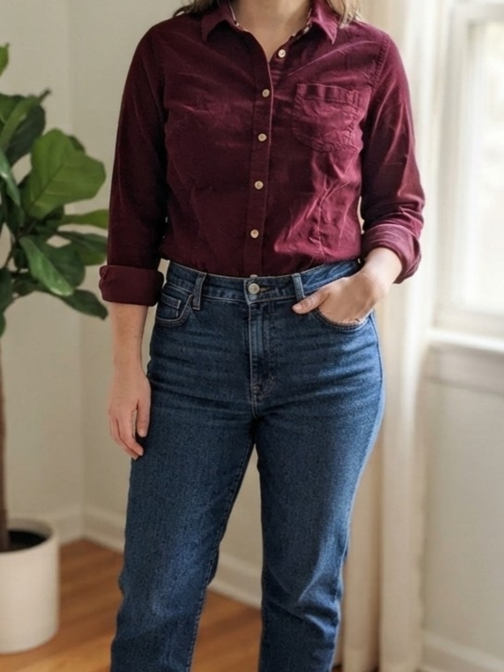 JACHS Girlfriend Women's Burgundy Corduroy Button-Front Collared Shirt XS
